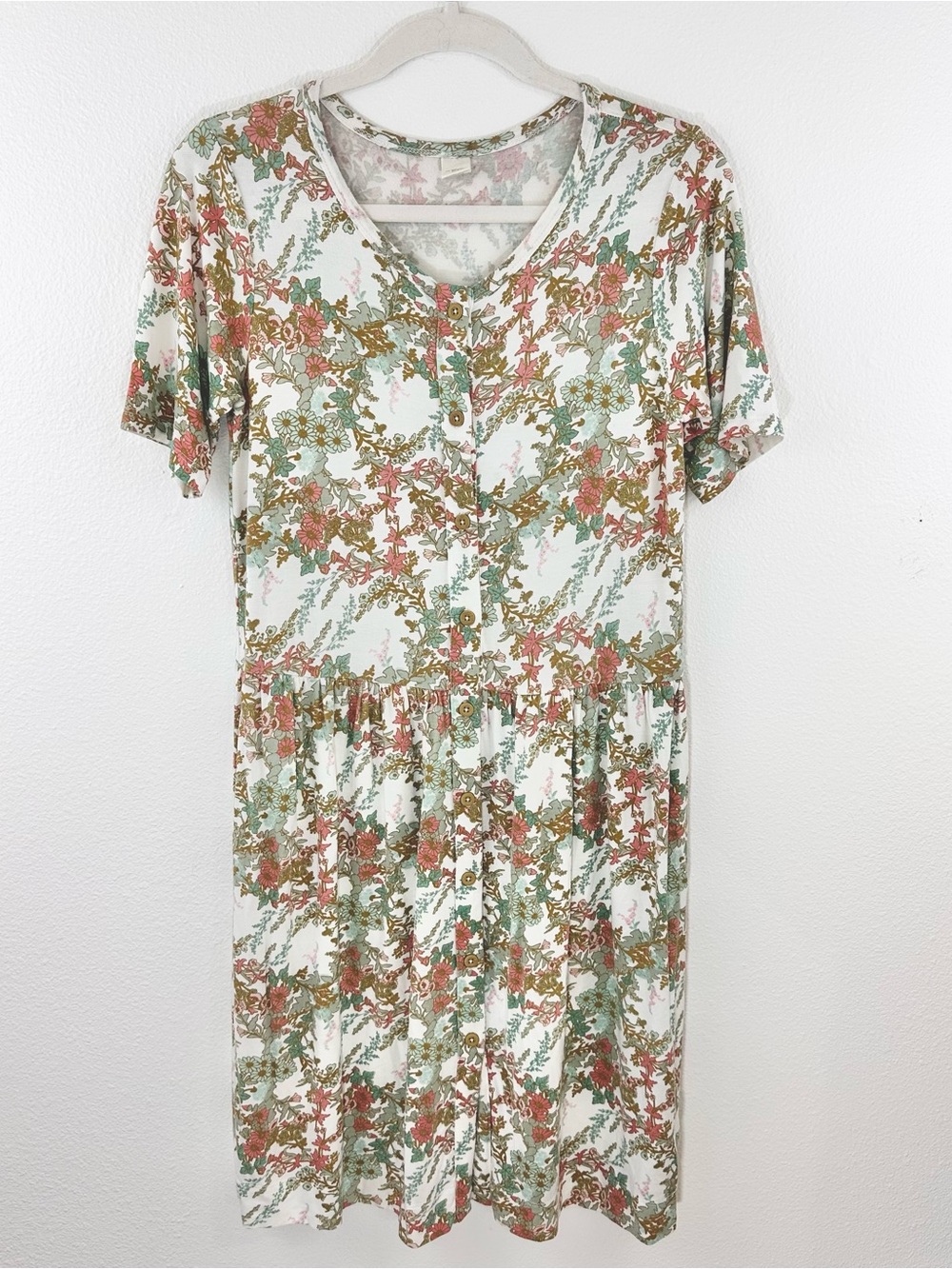 Kate Quinn Modal Woods Dress Medium Button-Front Floral Midi Short Sleeve Dress